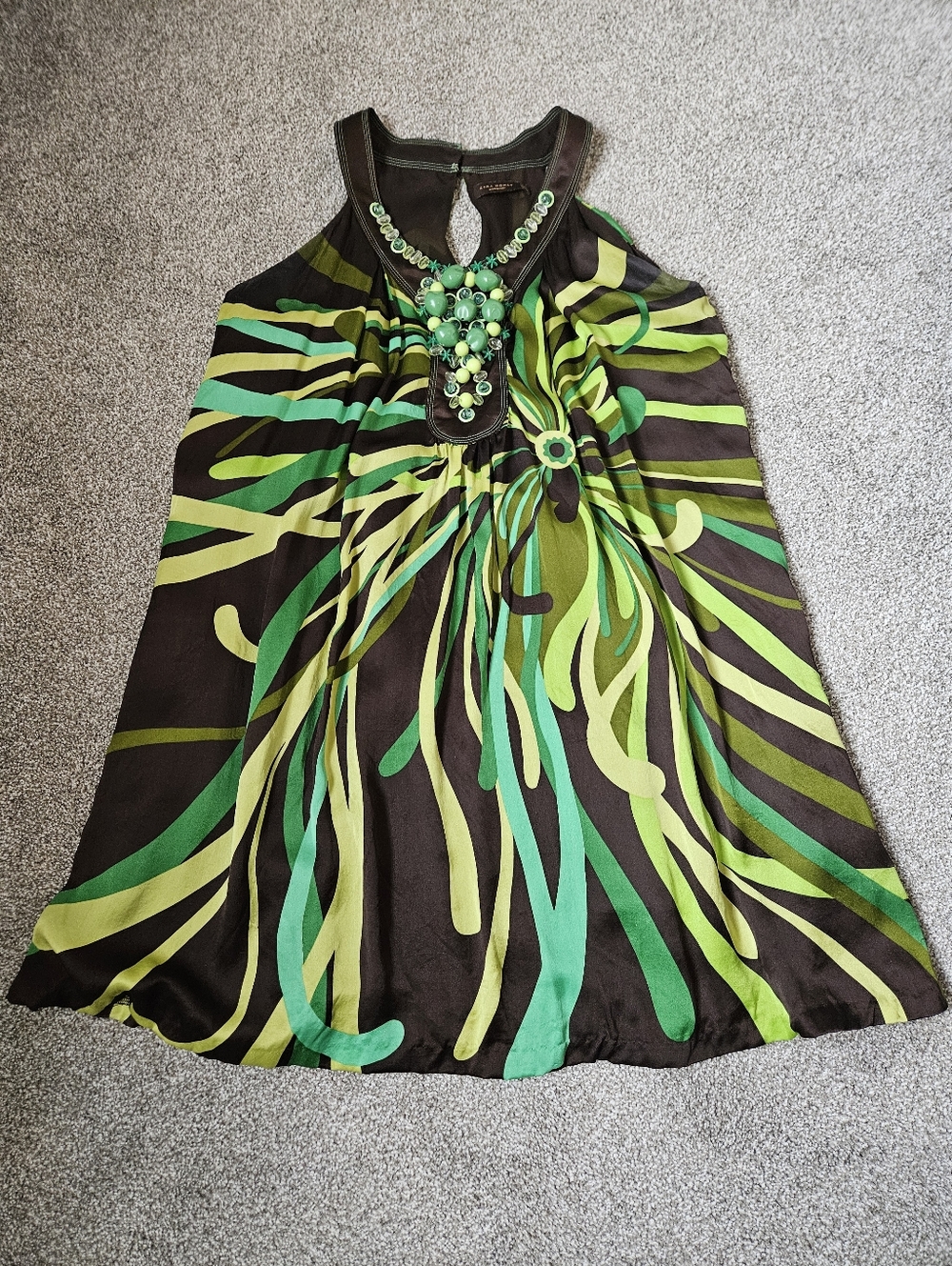 100% Silk Zara Woman Dress Medium Beaded Lined(poly) Brown & Greens